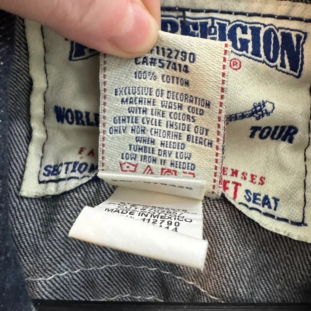 True Religion World Tour Denim Trucker Vest Dark Wash Horseshoe Pocket Y2K Biker